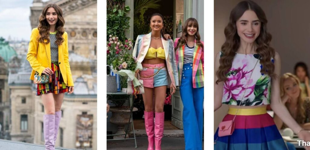 série de tv Emilly em Paris, estilo e moda tendência dopamina roupas super coloridas