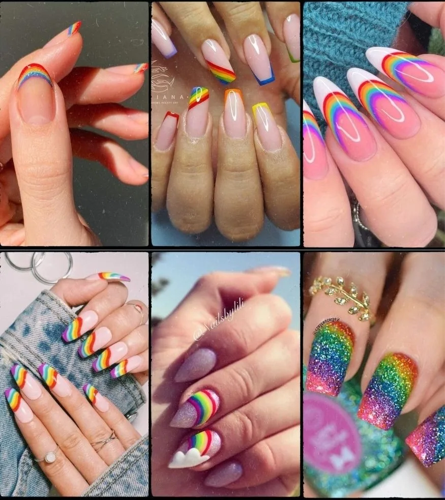 inspirações de unhas para carnaval com desenho de pequenos arco íris