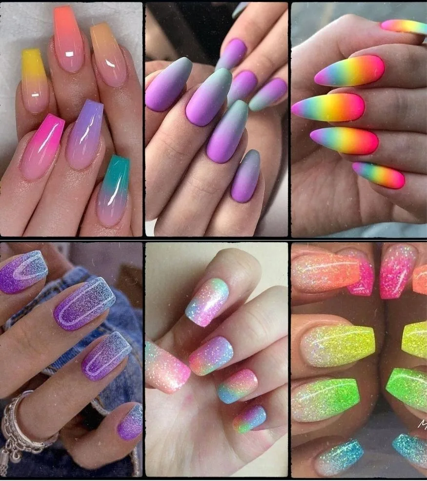 inspirações de unhas para carnaval, unhas em degradê, foscas, brilhantes, e com glitter