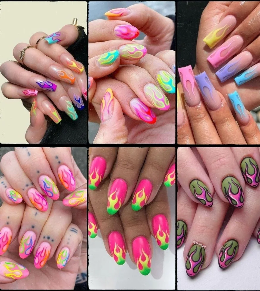 inspirações de unhas com o desenho de uma chama de fogo