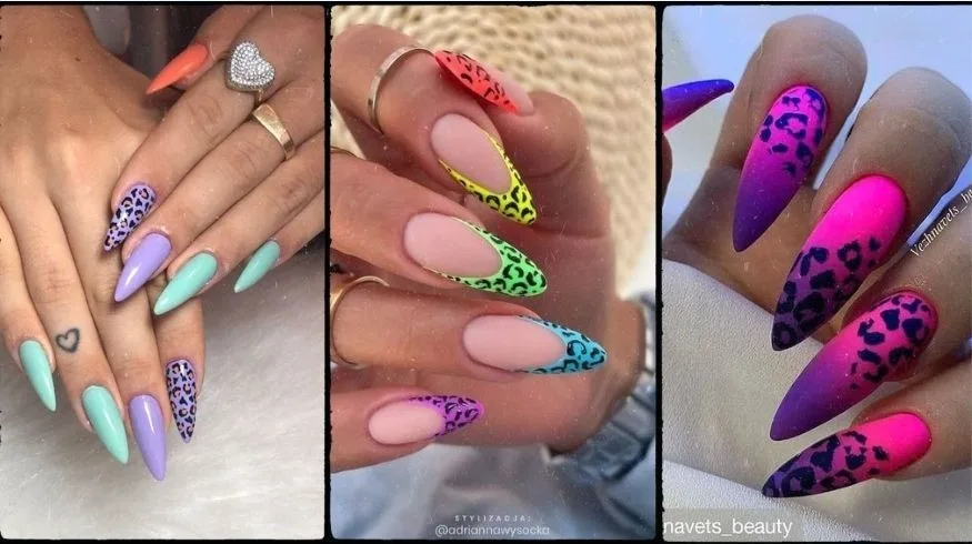 inspirações de unhas para carnaval com desenho de oncinha, padronagem de leopardo