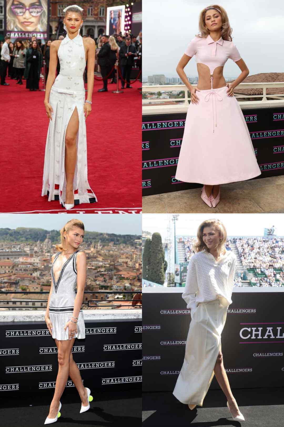 Fotos da atriz Zendaya com looks esportivos em eventos de divulgação do filme chalengers