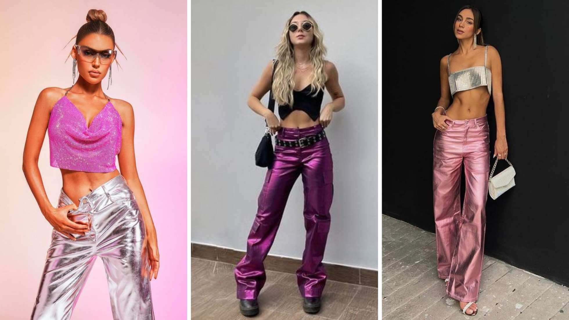 Fotos de mulheres usando looks para festival com acabamento metalizado