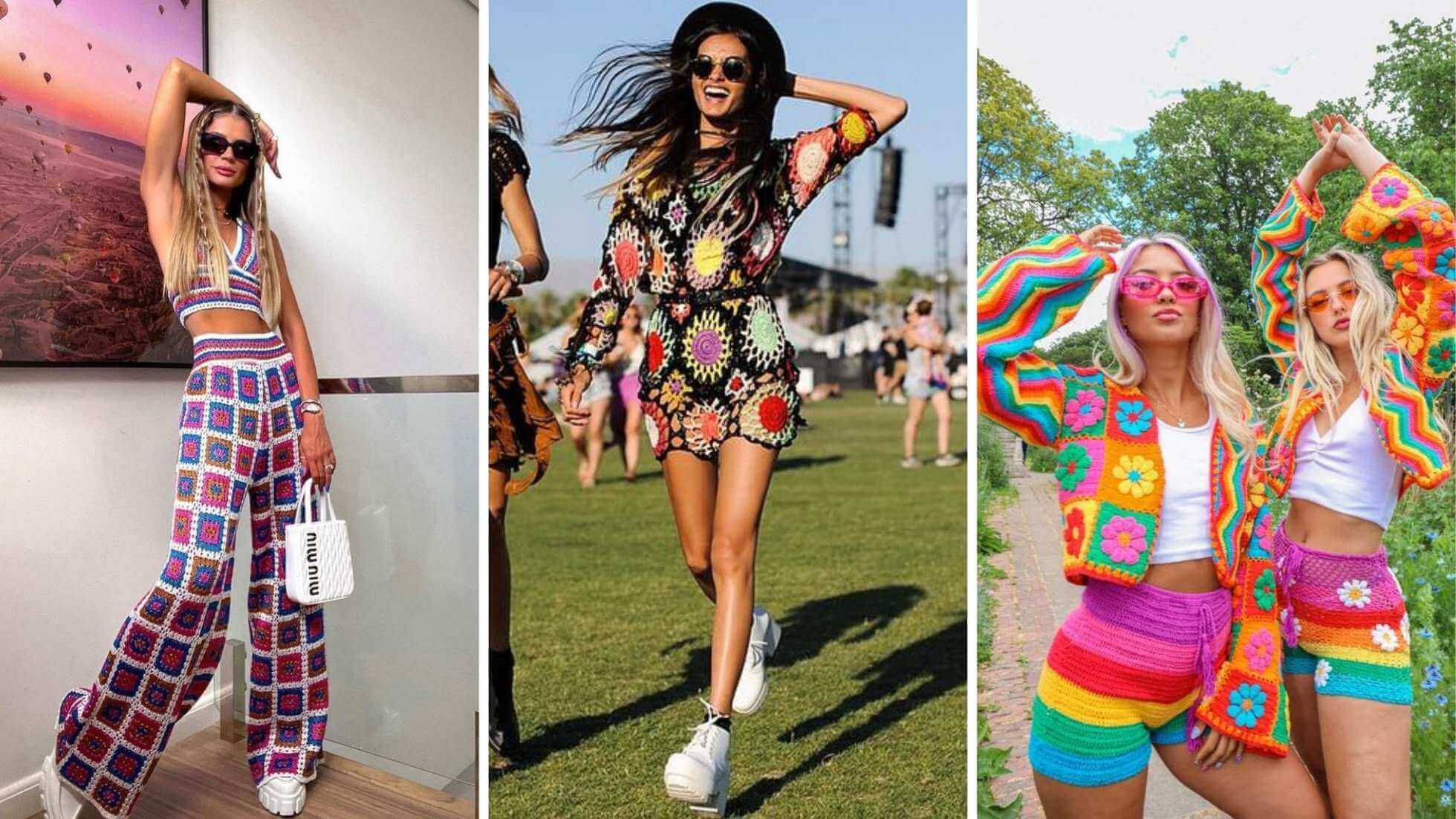 Fotos de mulheres usando looks para festival confeccionadas em crochê