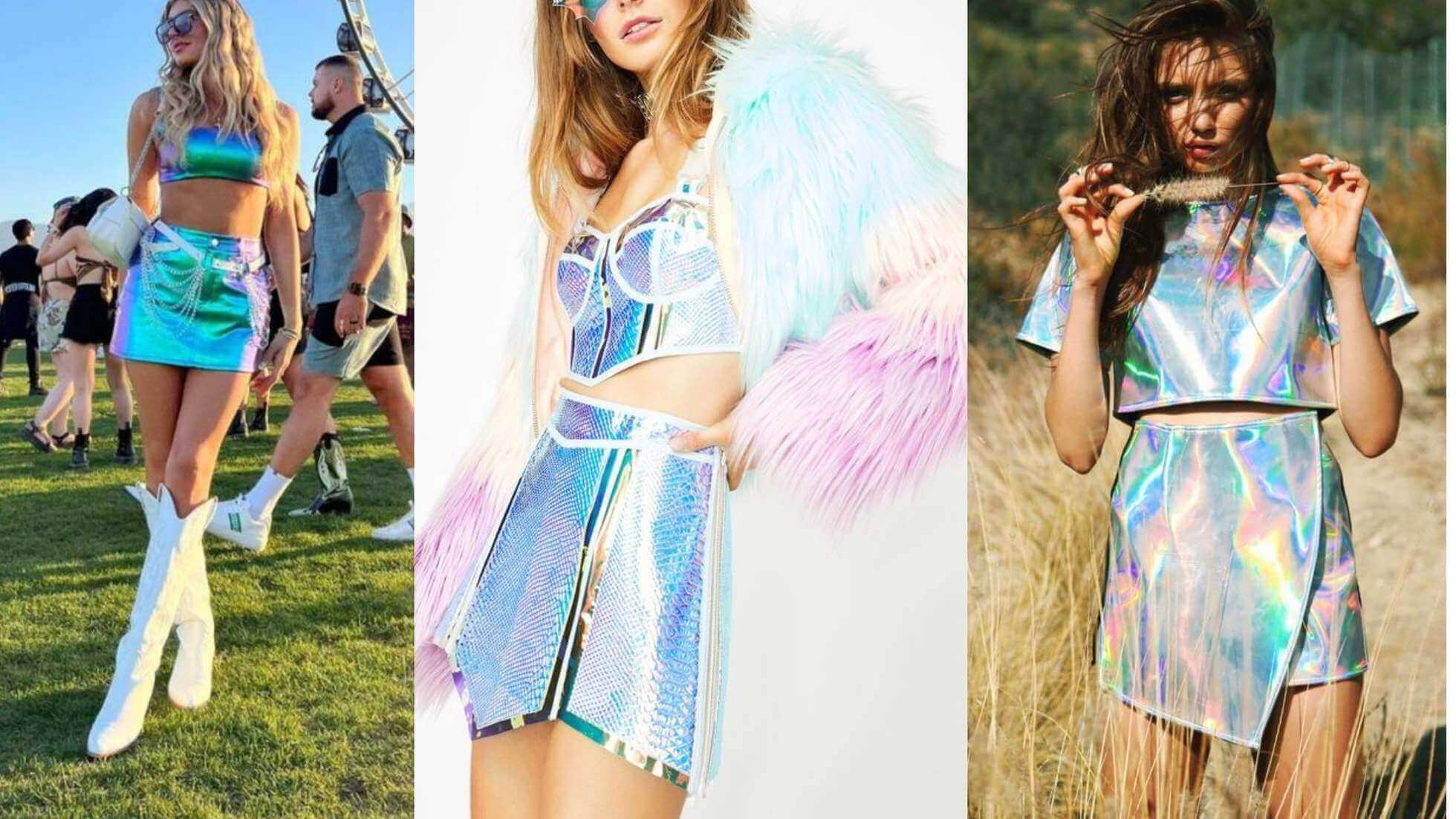 Fotos de mulheres usando looks para festival com roupas holográficas