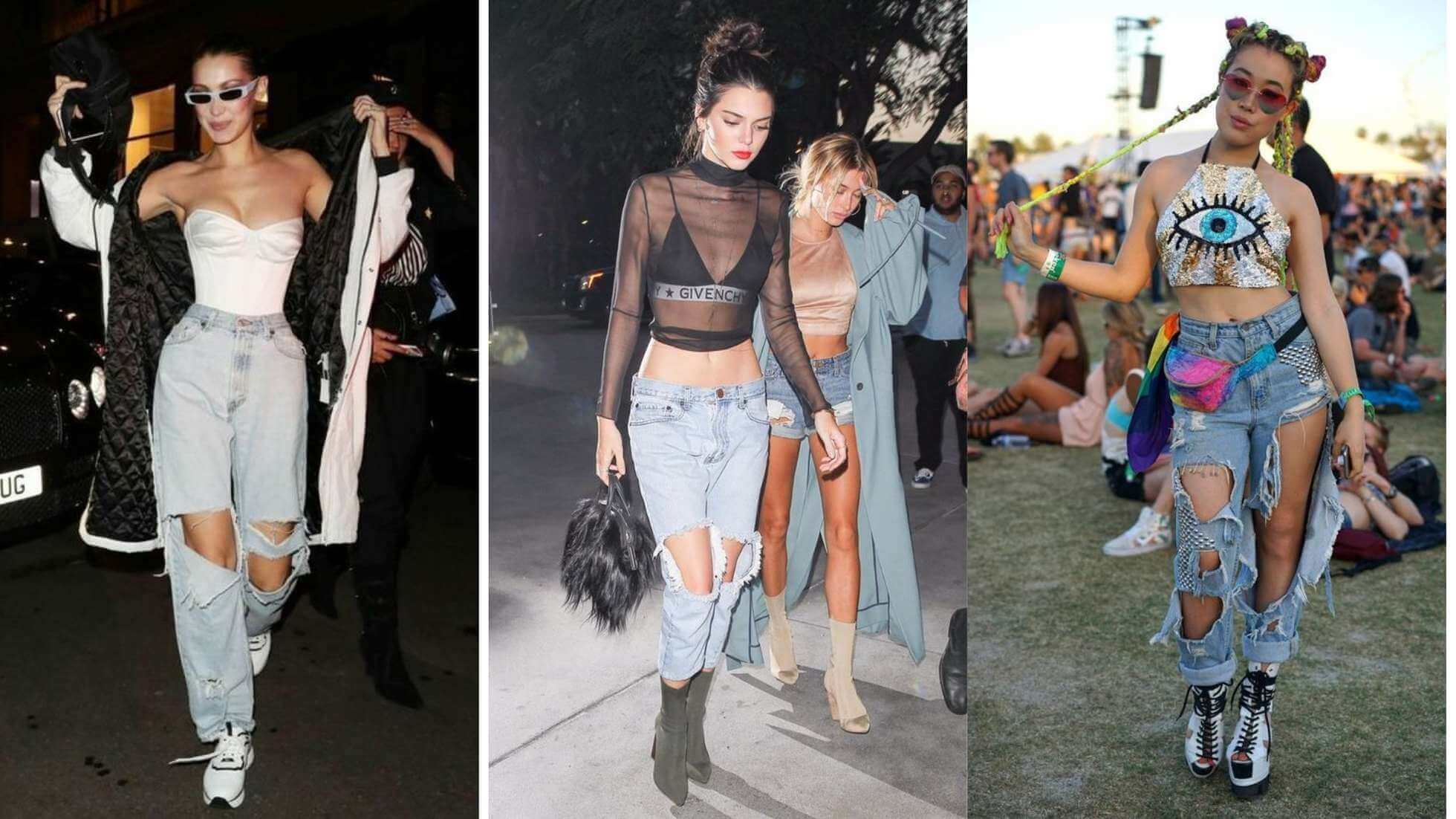 Fotos de mulheres usando looks para festival com calça jeans destroyed