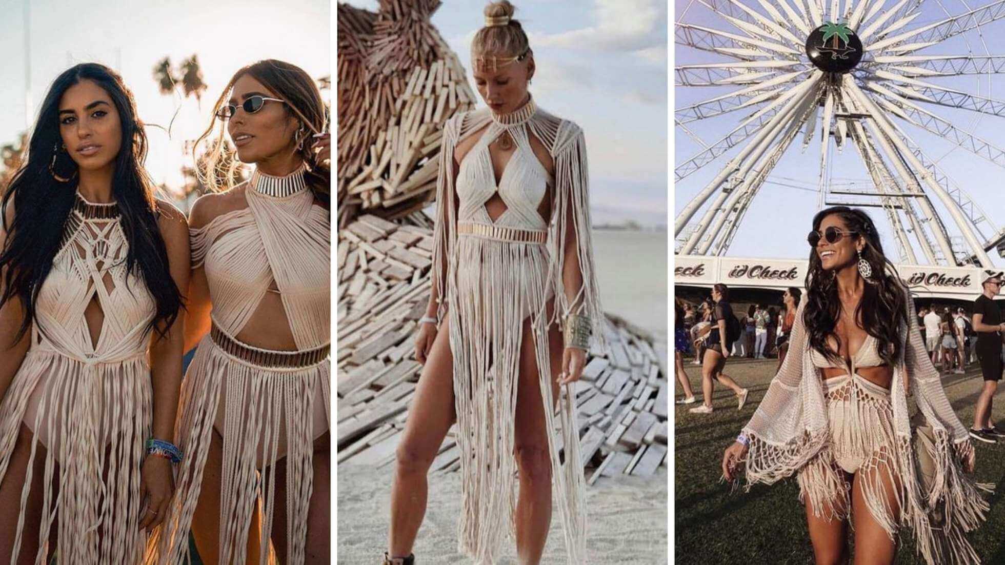 Fotos de mulheres usando looks para festival feitas de macramê e com franjas