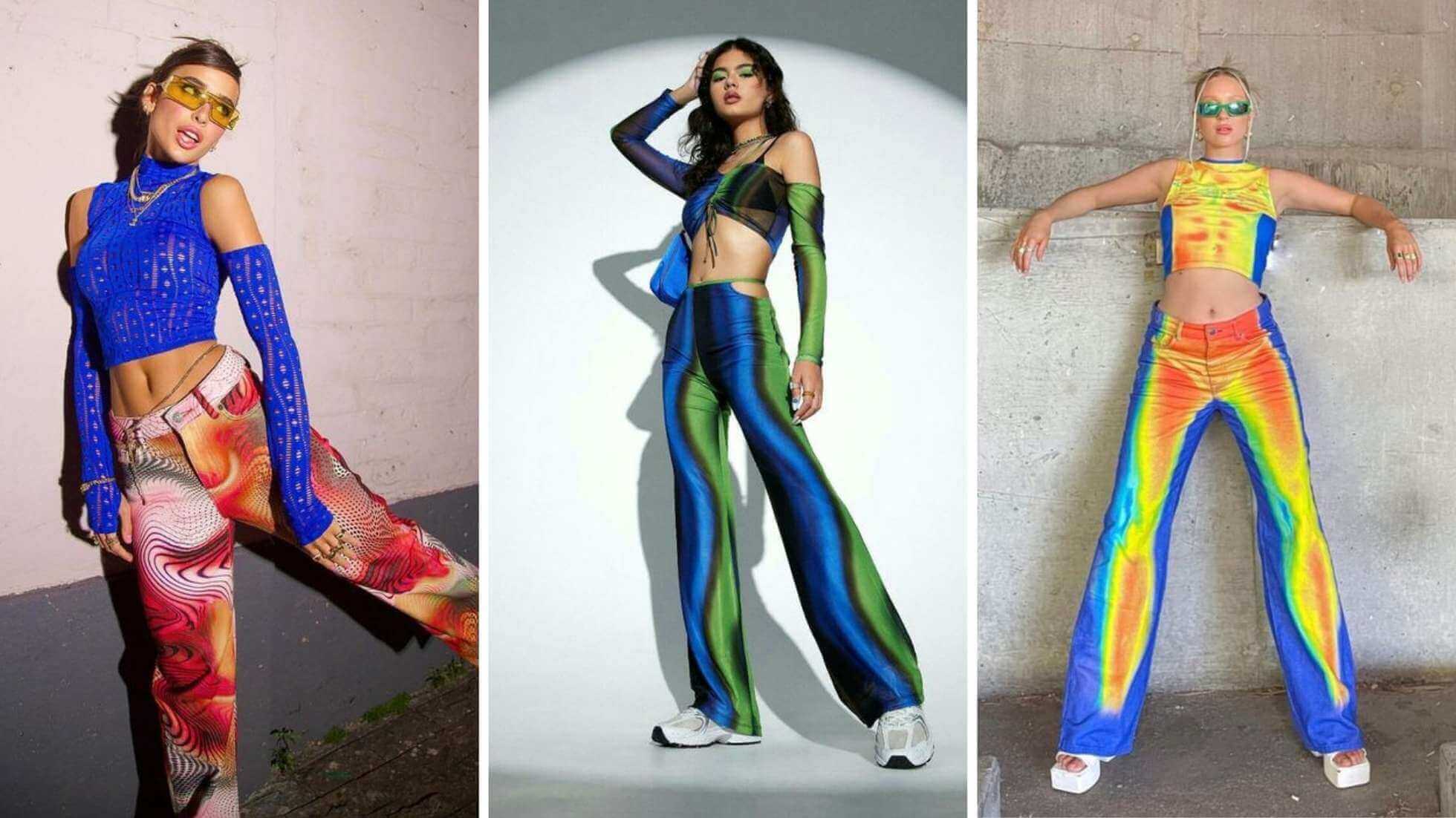 Fotos de mulheres usando looks para festival com estampas coloridas e abstratas