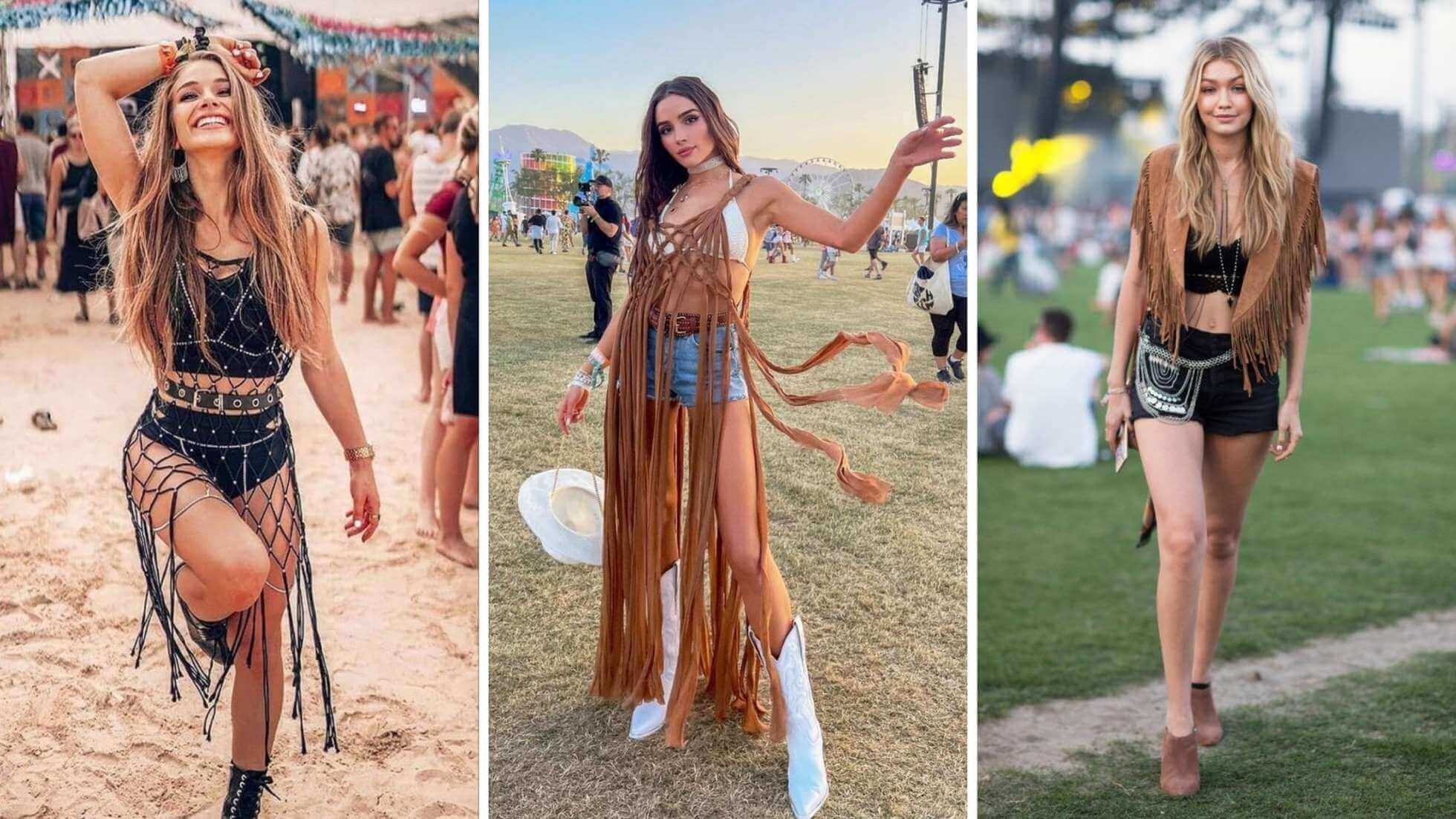 Fotos de mulheres usando looks para festival com franjas