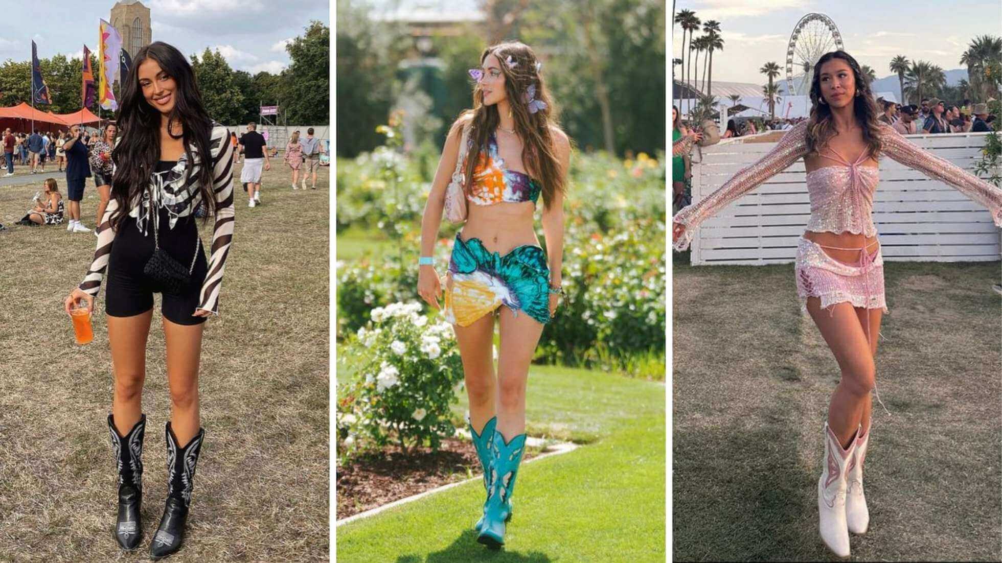 Fotos de mulheres usando looks para festival com botas de cowboy