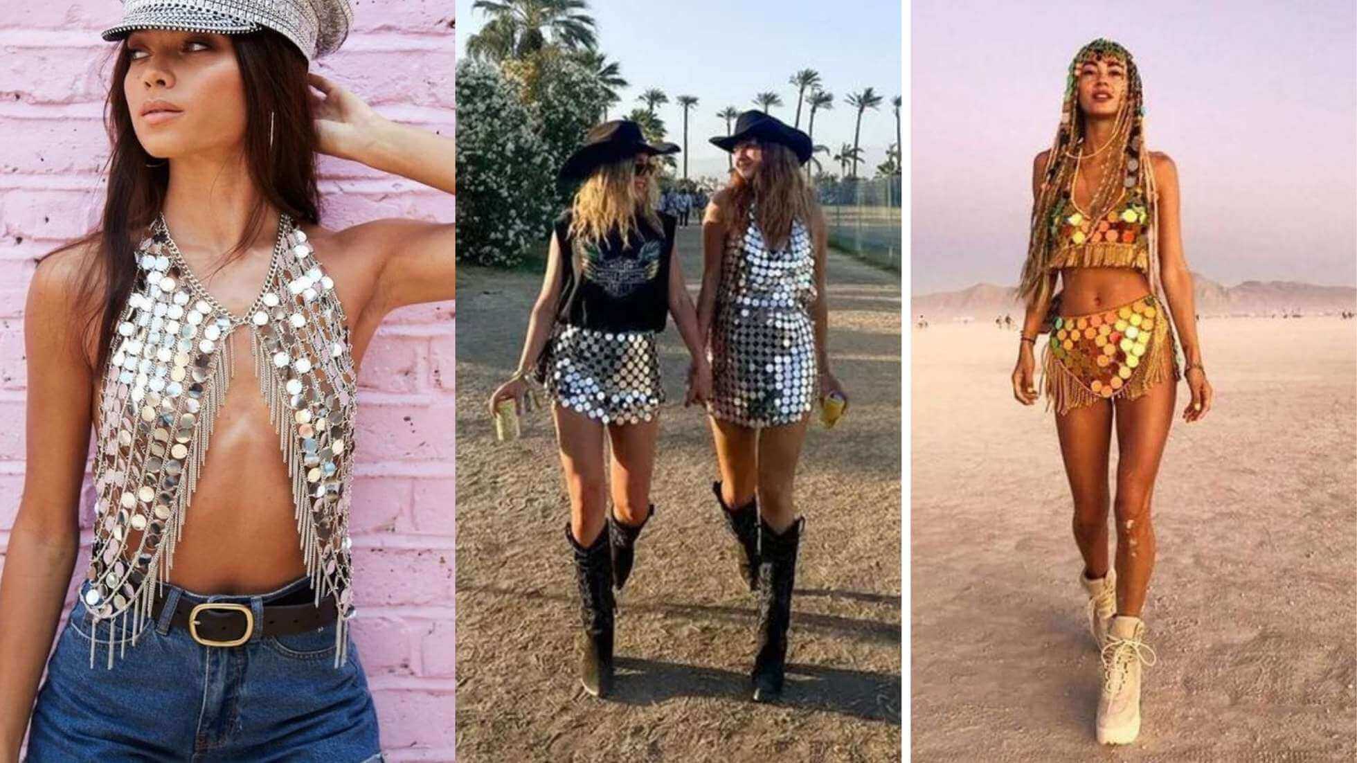 Fotos de mulheres usando looks para festival com brilho