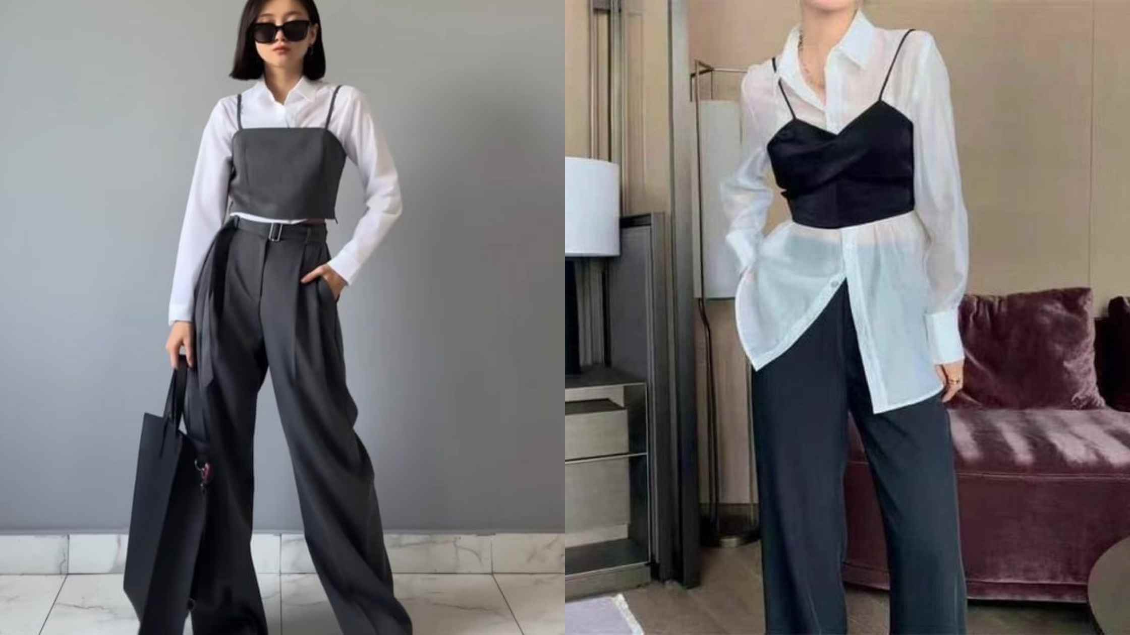 Fotos de mulheres usando cropped com sobreposição layering