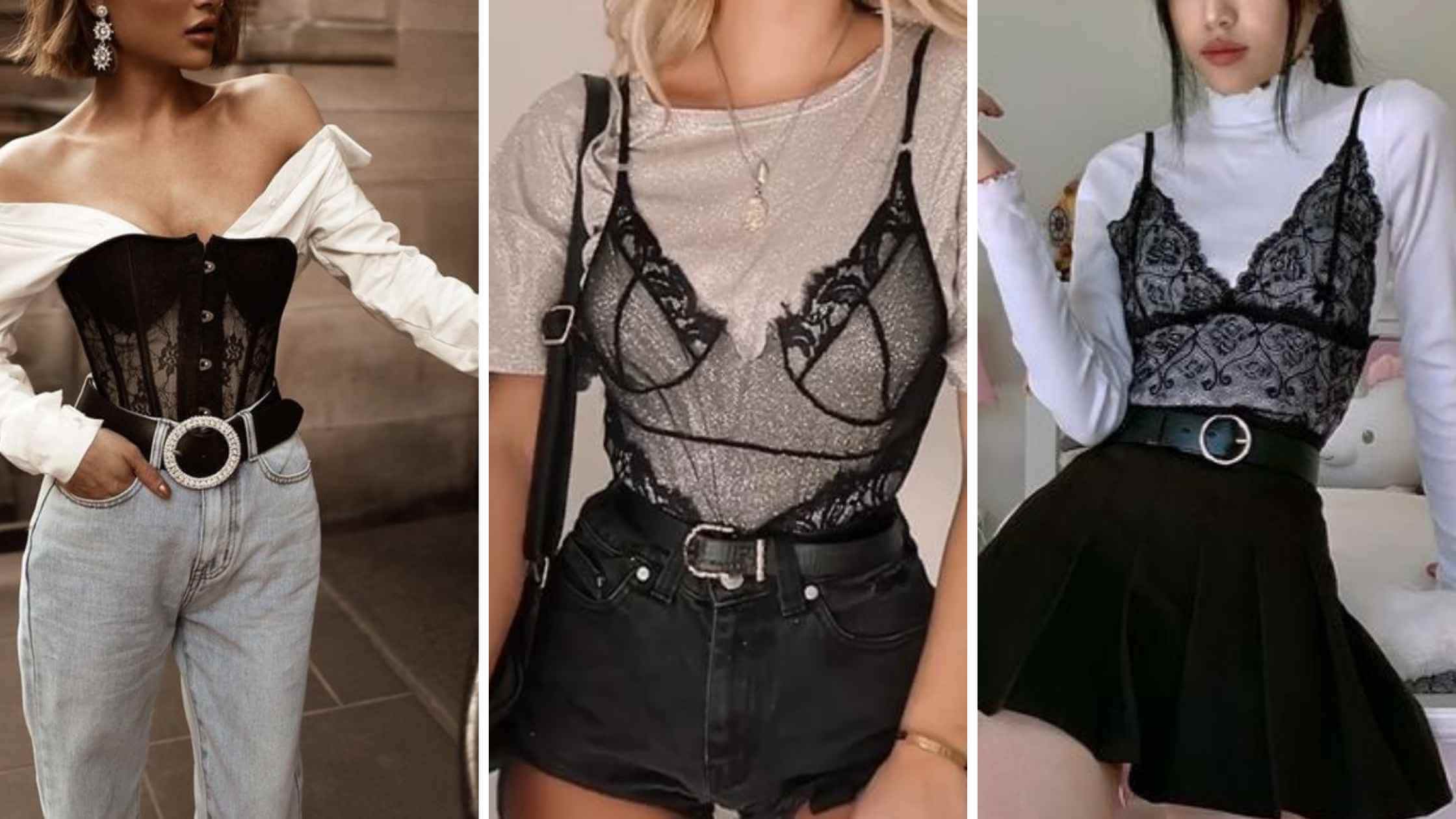 Fotos de mulheres vestindo body de renda sobre camisa, camiseta e blusa de manga longa