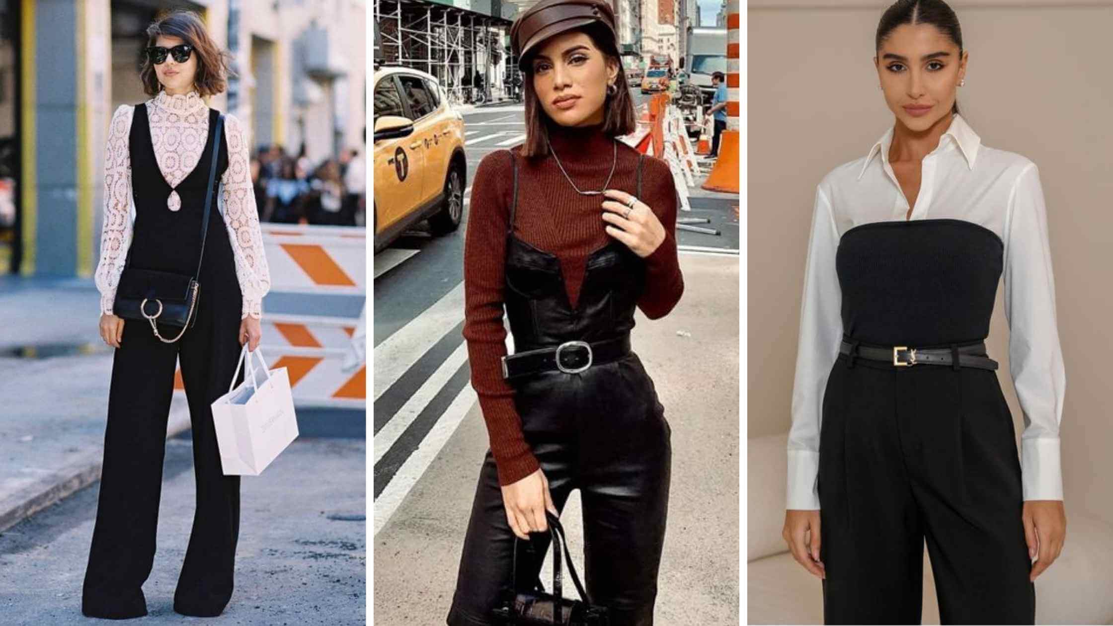 Fotos de mulheres usando macacão com sobreposição layering