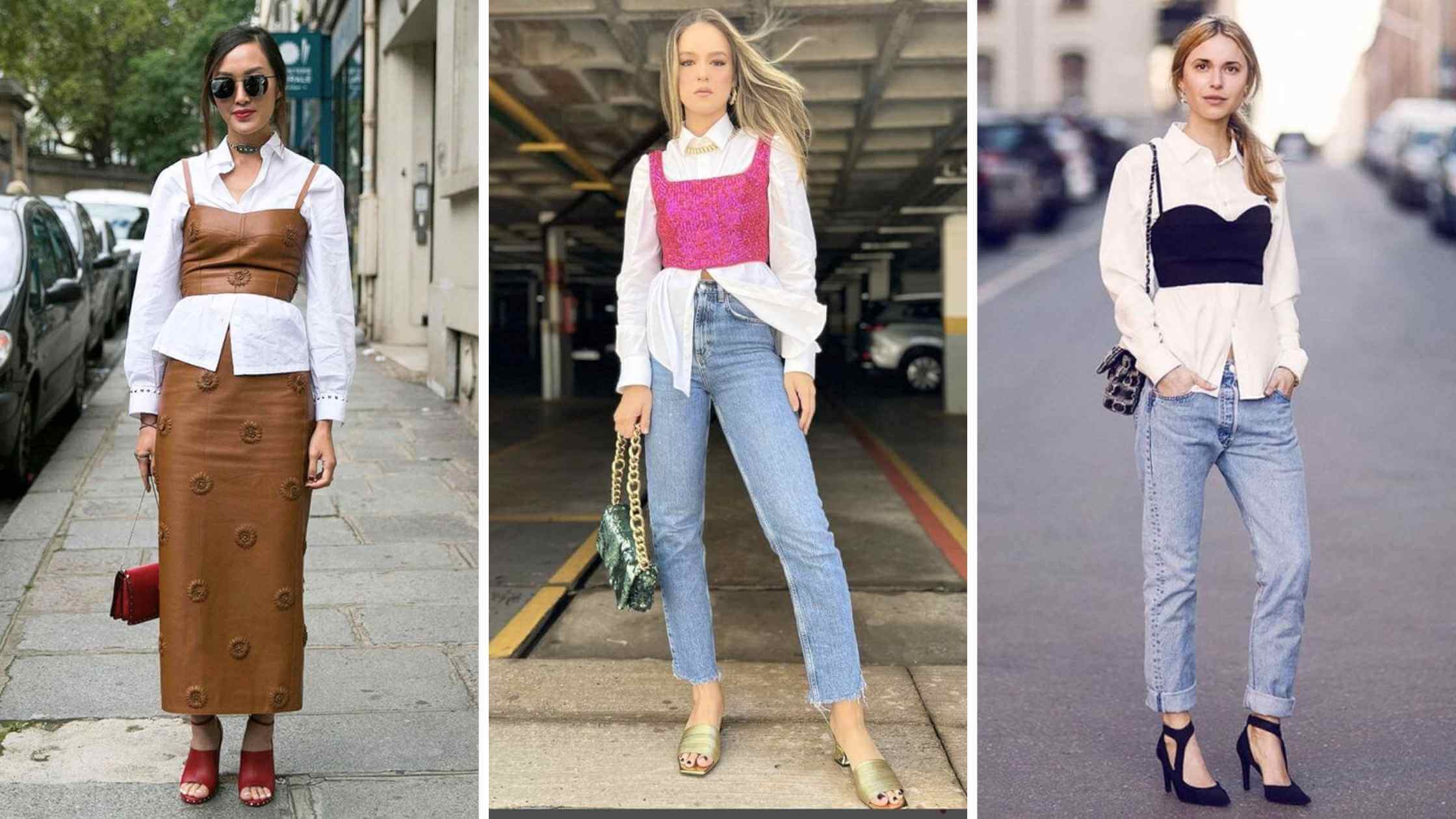 Fotos de mulheres usando cropped com sobreposição layering